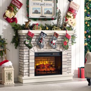 farmhouse electric fireplace with mantel, 42" fireplace tv stand with 23'' freestanding electric fireplace heater, remote control, adjustable 3d realistic flame level for living room, white