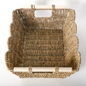 Scalloped Edge Basket with Wooden Handle, Water Hyacinth/Seagrass/Wicker Storage Baskets, Hand Woven Baskets for Shelves,Natural Baskets for Organizing (Seagrass, 16.5 * 12.6 * 5.5“)