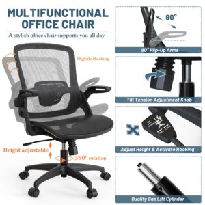 Mesh Seat Home Office Desk Computer Task Chair Comfortable with Height Adjustable Back Support Flip Up Arms Swivel Wheels for Adult Student