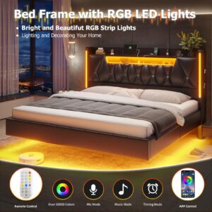 BYSAUD Floating Bed Frame with RGB Light，Hidden Storage Space in The headboard,Floating Bed with Charging Station Including 2 Standard sockets, PU Leather (King)