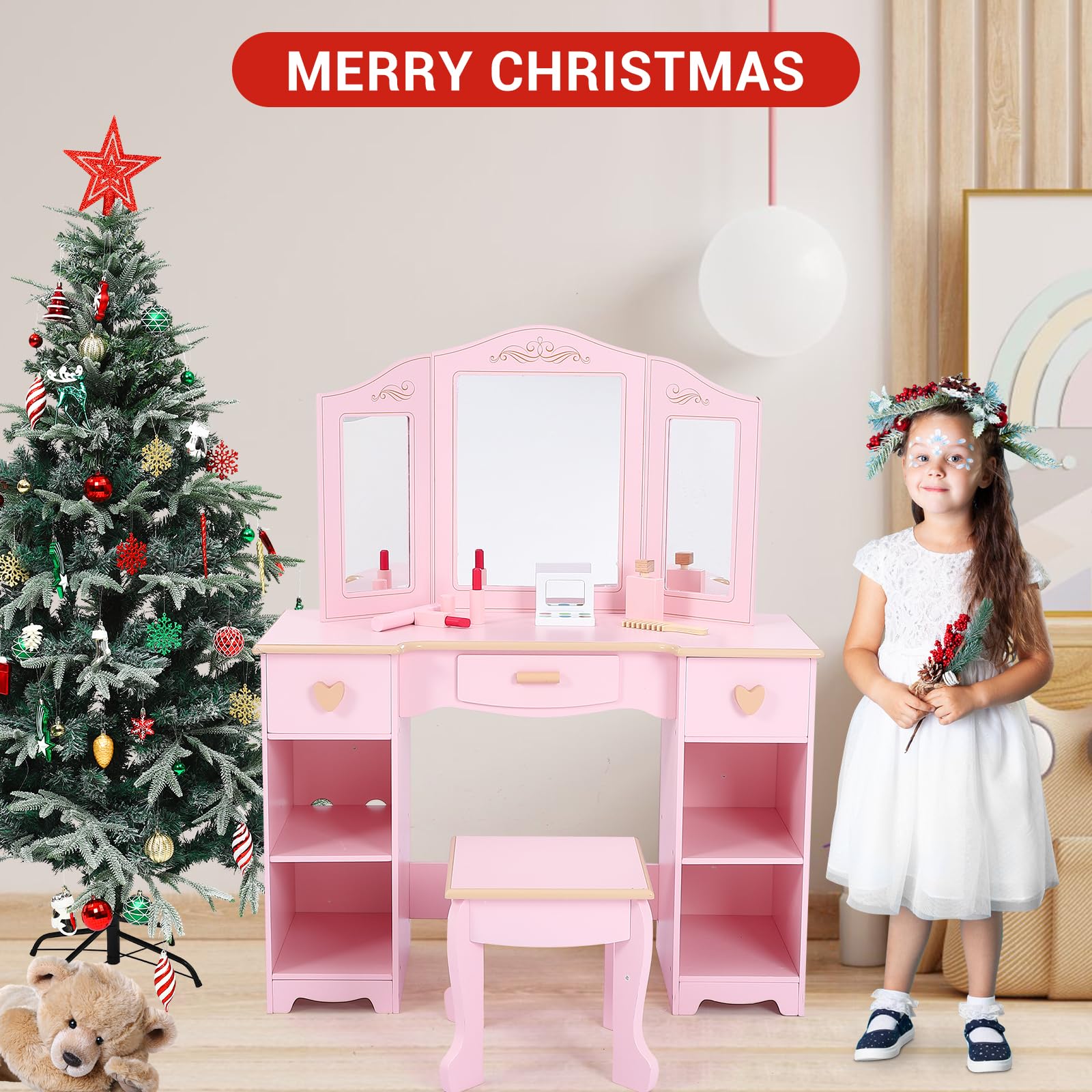 GarveeHome Kids Vanity, Pretend Play Vanity Set with Stool and Tri-Fold Mirror, Little Girl Makeup Desk, Toddler Dressing Table with Storage Drawers and Open Shelves for Girls 3+, Pink