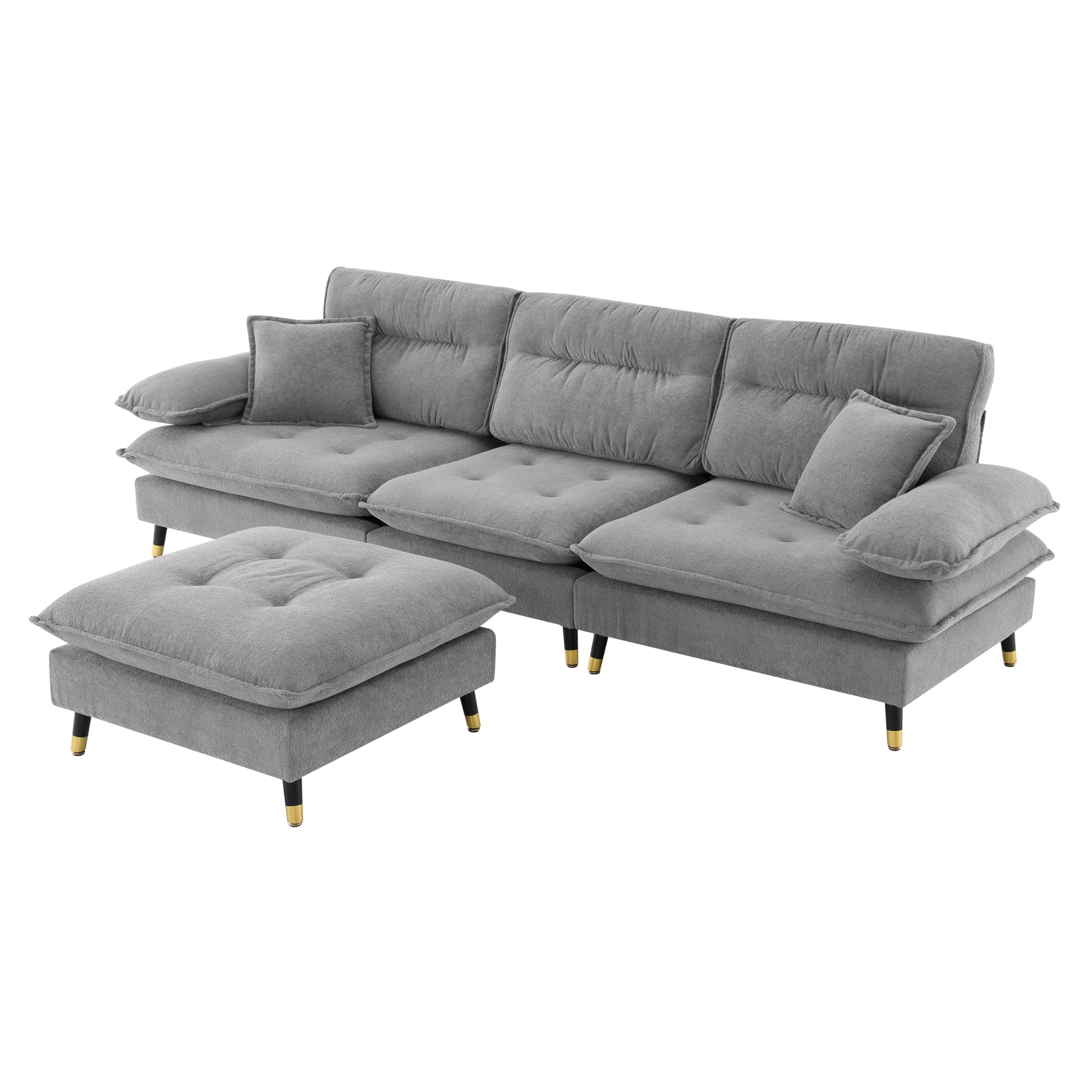 LUSPAZ L Shaped Convertible Sectional Sofa Set, Cloud Chenille Fabric 4 Seat Tufted Couch with Movable Ottoman and Two-Tone Adjust Legs,Grey