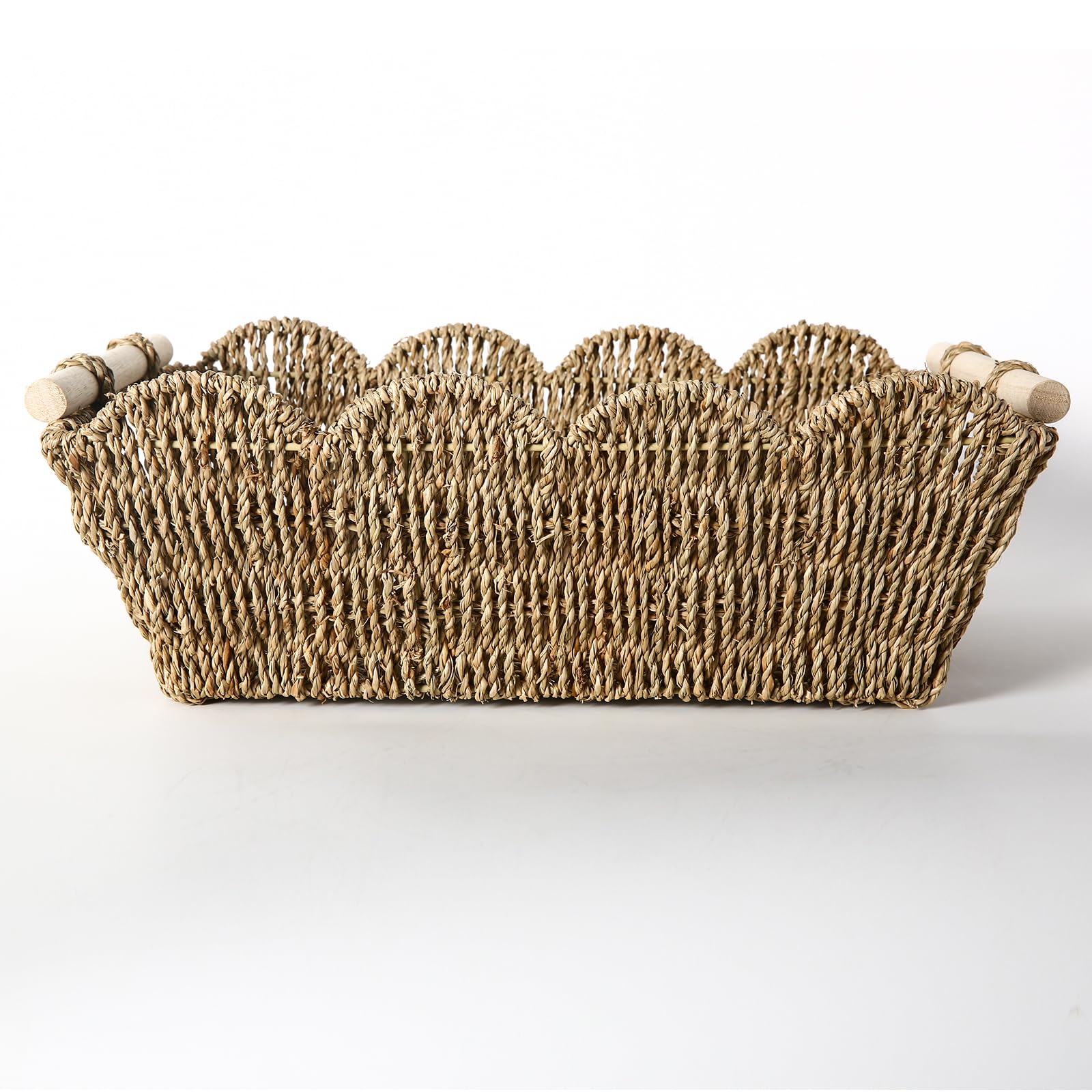 Scalloped Edge Basket with Wooden Handle, Water Hyacinth/Seagrass/Wicker Storage Baskets, Hand Woven Baskets for Shelves,Natural Baskets for Organizing (Seagrass, 16.5 * 12.6 * 5.5“)