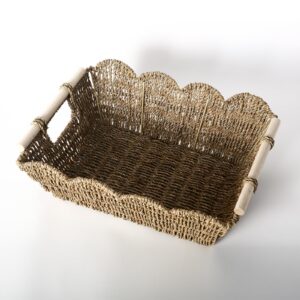 scalloped edge basket with wooden handle, water hyacinth/seagrass/wicker storage baskets, hand woven baskets for shelves,natural baskets for organizing (seagrass, 16.5 * 12.6 * 5.5“)