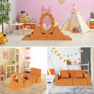 MAMIZO 10pcs Modular Kids Play Couch, Child Sectional Sofa, Nugget Couch Large Size, Toddlers Floor Sofa W/Suede Cover, Convertible Foam Cushion Couch for Playroom Creative Boy Girl (Orange)