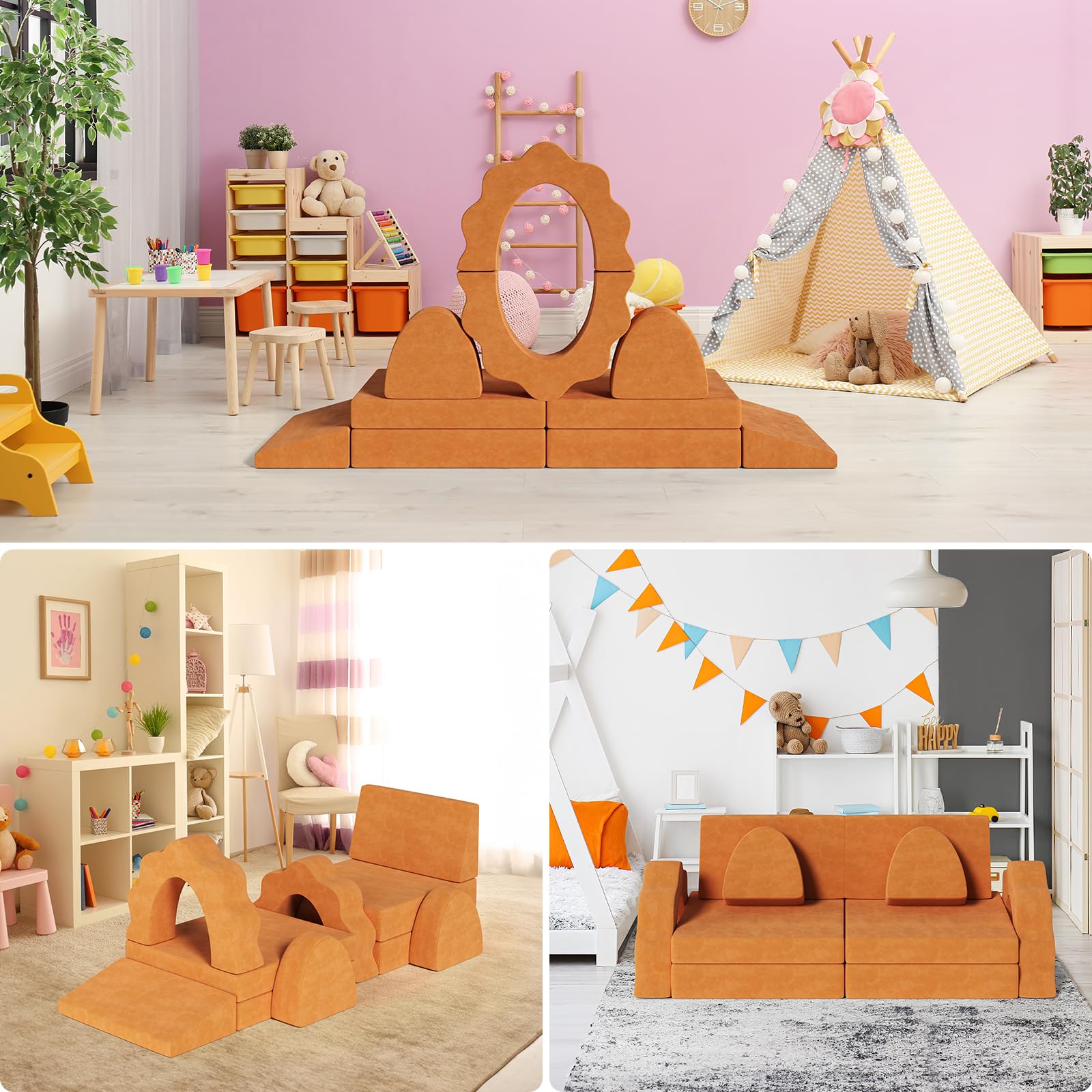 MAMIZO 10pcs Modular Kids Play Couch, Child Sectional Sofa, Nugget Couch Large Size, Toddlers Floor Sofa W/Suede Cover, Convertible Foam Cushion Couch for Playroom Creative Boy Girl (Orange)