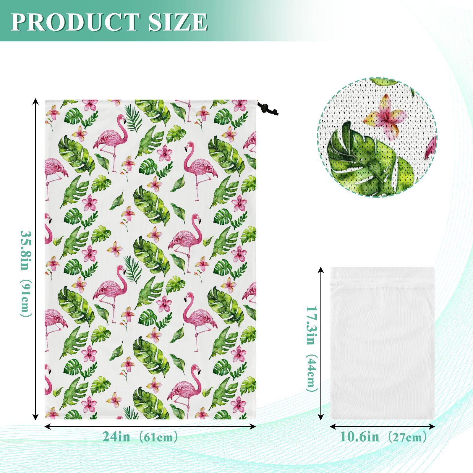 Cute Flamingo Leaves Laundry Bag Travel Mesh Dirty Clothes Organizer Large Washable Laundry Bag with Drawstring Easy Fit a Laundry Basket Hamper for College Dorm Vacation Camp