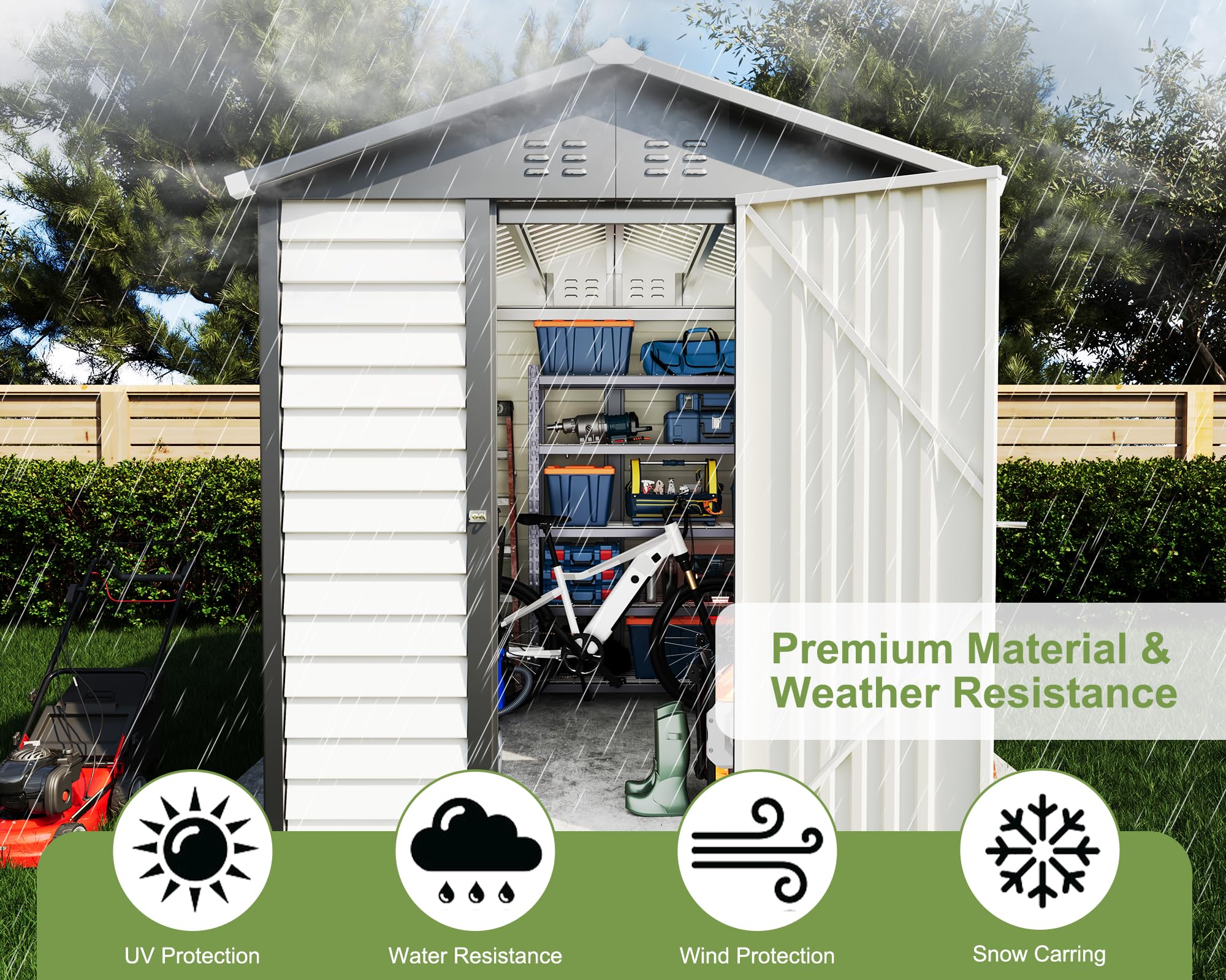 VanAcc 6.5x9x7 FT Outdoor Storage Shed with Shutter Design, Metal Garden Shed with Lockable Doors and Vents, Tool Storage Shed for Backyard, Patio, Lawn, White & Charcoal Gray