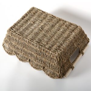 Scalloped Edge Basket with Wooden Handle, Water Hyacinth/Seagrass/Wicker Storage Baskets, Hand Woven Baskets for Shelves,Natural Baskets for Organizing (Seagrass, 16.5 * 12.6 * 5.5“)