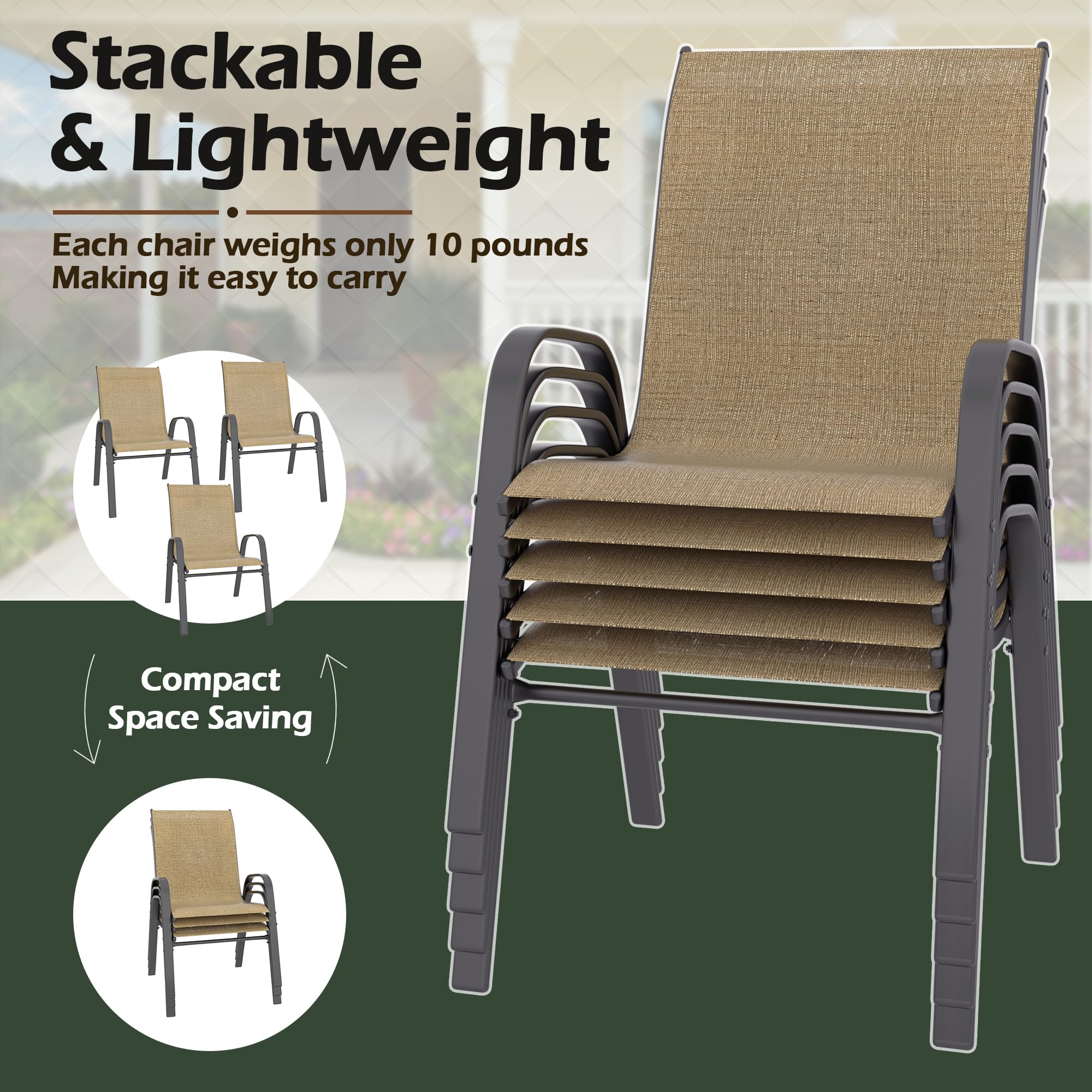 Betterhood Patio Chairs Set of 4, Stackable Outdoor Dining Chairs Set with Breathable Seat Fabric, All-Weather Powder-Coated Metal Frame for Deck, Pool Side and Backyard, 350LBS Capacity (Khaki)