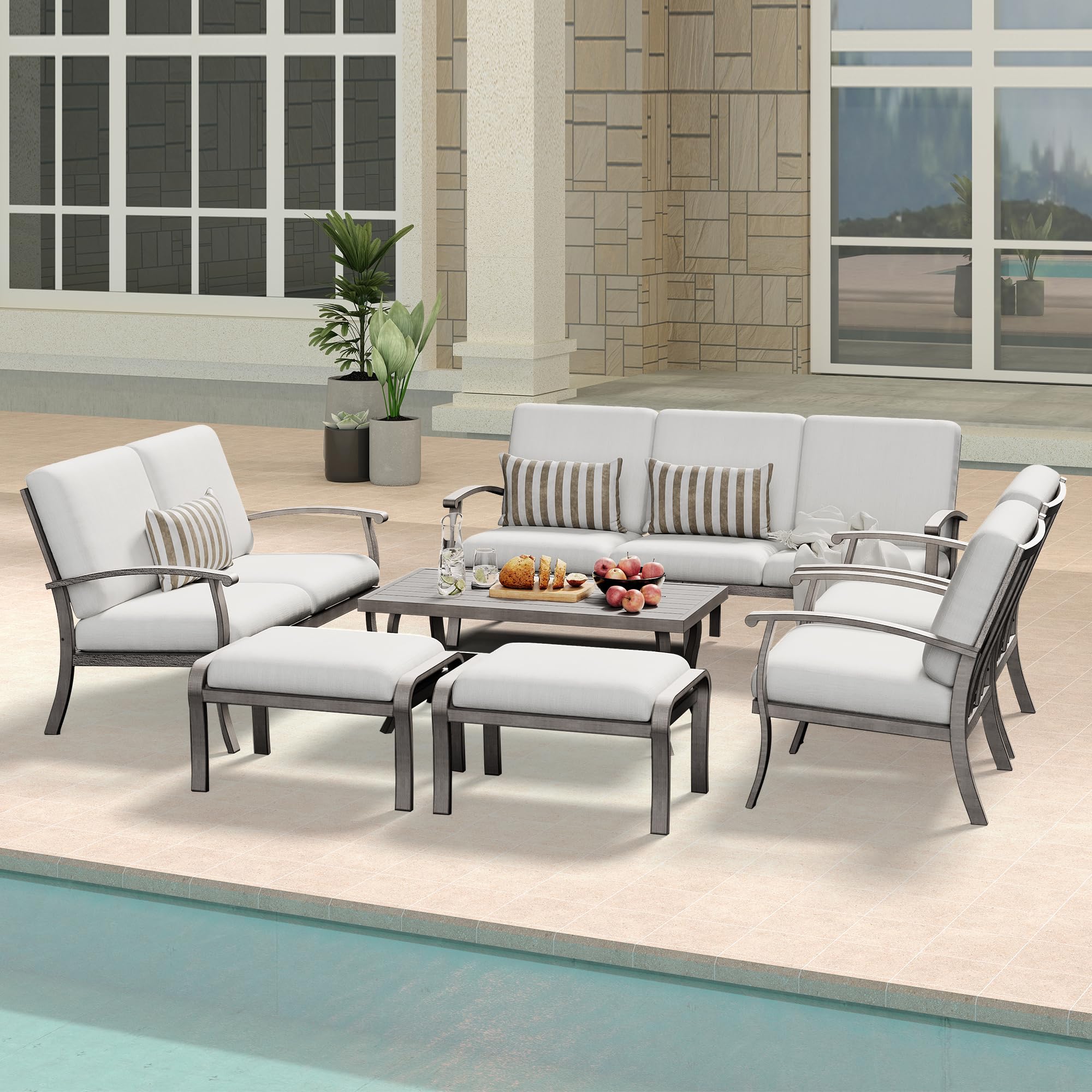 LUXIJOY Aluminum Patio Furniture Set 7 PCS, Sectional Loveseat 3 Seat Sofa Couch and Armchairs with Cushion and Ottomans, Outdoor Conversation Set with Coffee Table for Pool Yard Deck, Grey