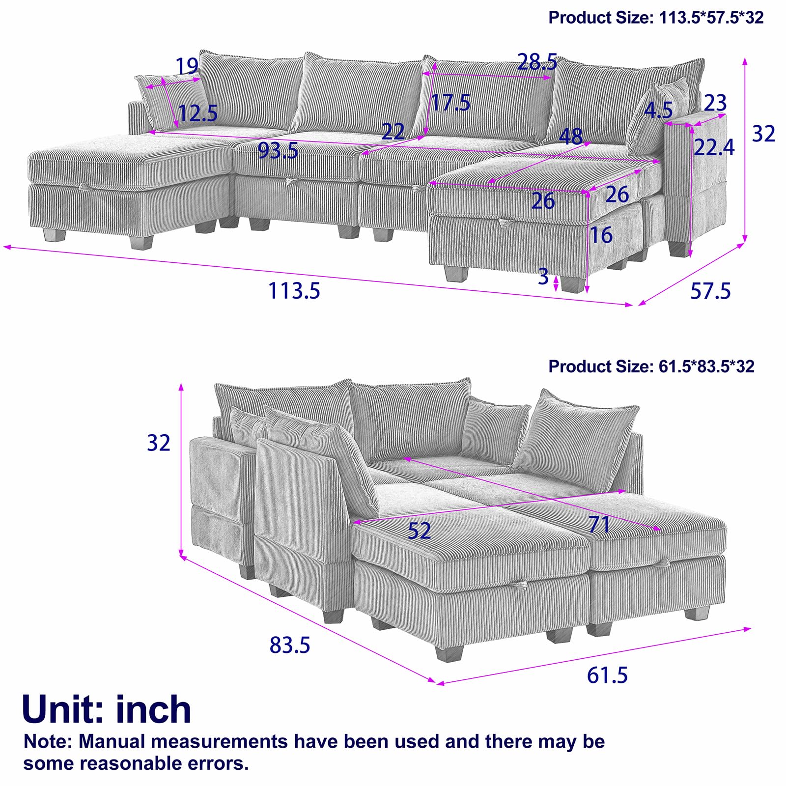 Antetek Modular Sectional Sofa Couches for Living Room, U Shaped Sleeper Sofa Bed with Storage Ottoman, Modern 6-seat Corduroy Convertible Couch with Chaise for Bedroom, Green