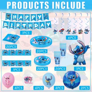 103 PCS Stitch Birthday Party Decorations, Stitch Party Decorations Set Includes Tableware Set, Happy Birthday Banner, Hanging Swirls, Balloons for Birthday Party Supplies