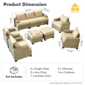 CAODOC 9 Piece Patio Furniture All Weather 9-Seater Outdoor Sectional Sofa with Outdoor Chairs Ottomans for Porch,Garden,Backyard,Deck(Beige)