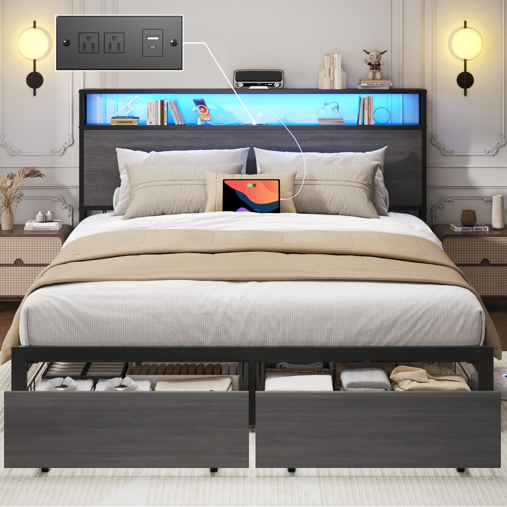 Lifezone Queen Bed Frame with 2-Tier Storage Headboard, Metal Bed Frame with Storage Drawers & Built-in Charging Station & LED, Noise-Free, No Box Spring Needed, Easy Assembly, Rustic Grey