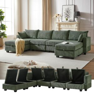 antetek modular sectional sofa couches for living room, u shaped sleeper sofa bed with storage ottoman, modern 6-seat corduroy convertible couch with chaise for bedroom, green