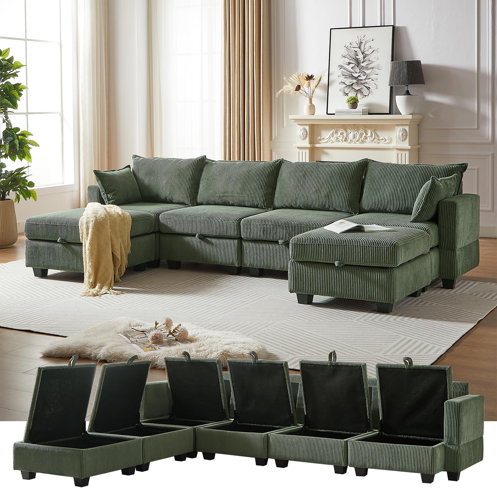 Antetek Modular Sectional Sofa Couches for Living Room, U Shaped Sleeper Sofa Bed with Storage Ottoman, Modern 6-seat Corduroy Convertible Couch with Chaise for Bedroom, Green