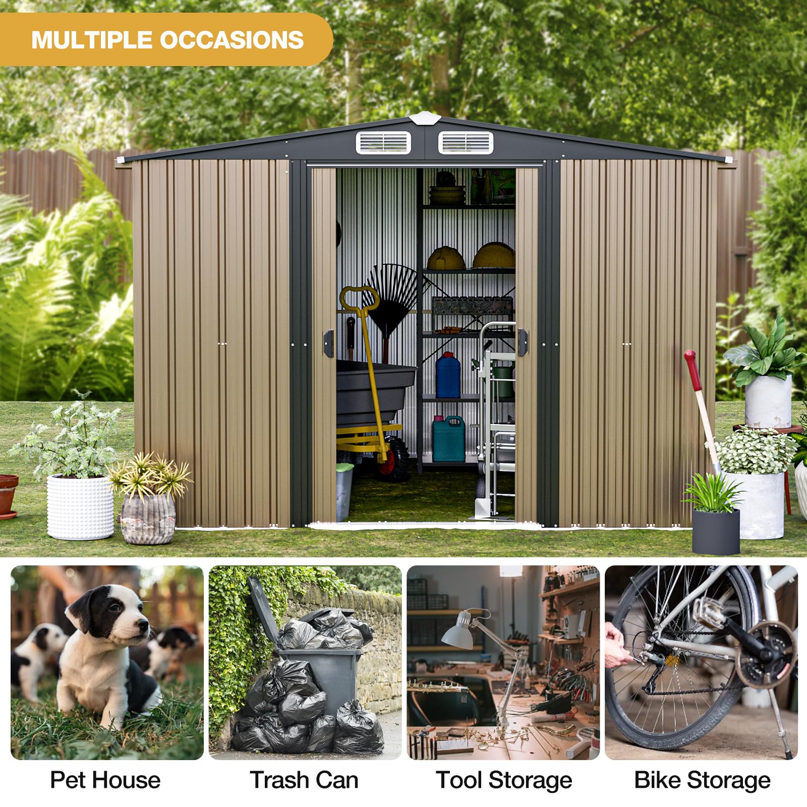 Large Outdoor Storage Shed 10 x 8 FT Galvanized Metal Shed with Sliding Door and Air Vents Waterproof Garden Tool Shed for Backyard, Lawn and Patio