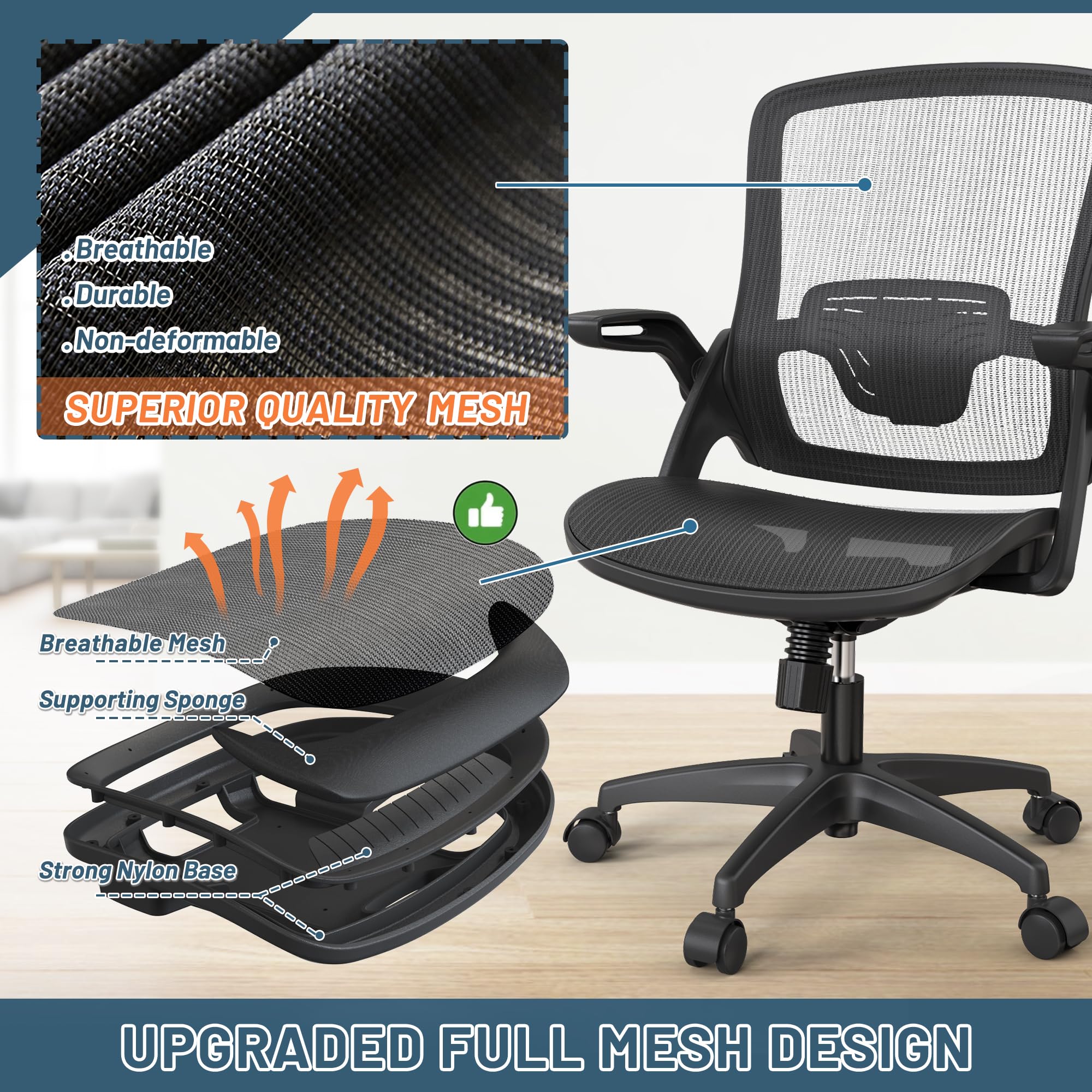 Mesh Seat Home Office Desk Computer Task Chair Comfortable with Height Adjustable Back Support Flip Up Arms Swivel Wheels for Adult Student