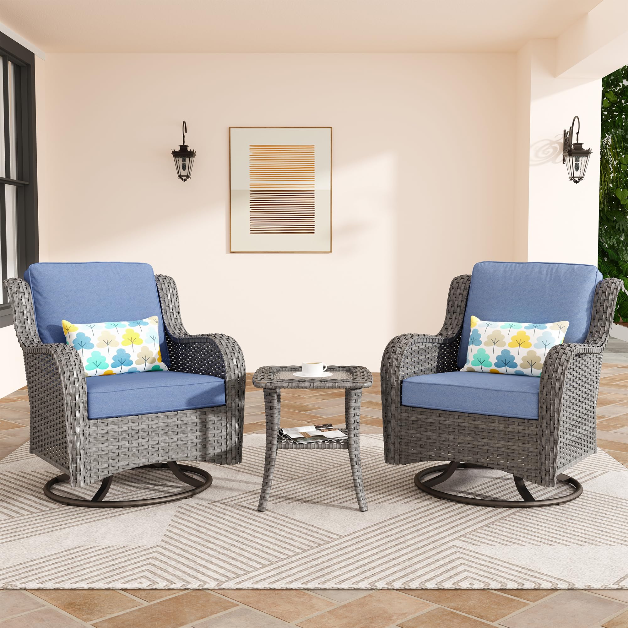 ovios 3 Pieces Patio Swivel Chairs with Side Table, Outdoor Wicker Rocking Chairs with Comfy Cushions, High Back Glider Rocker Chair Set for Porch Deck, Grey Rattan/Denim Blue