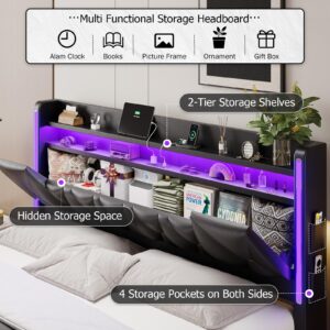 BYSAUD Floating Bed Frame with RGB Light，Hidden Storage Space in The headboard,Floating Bed with Charging Station Including 2 Standard sockets, PU Leather (King)