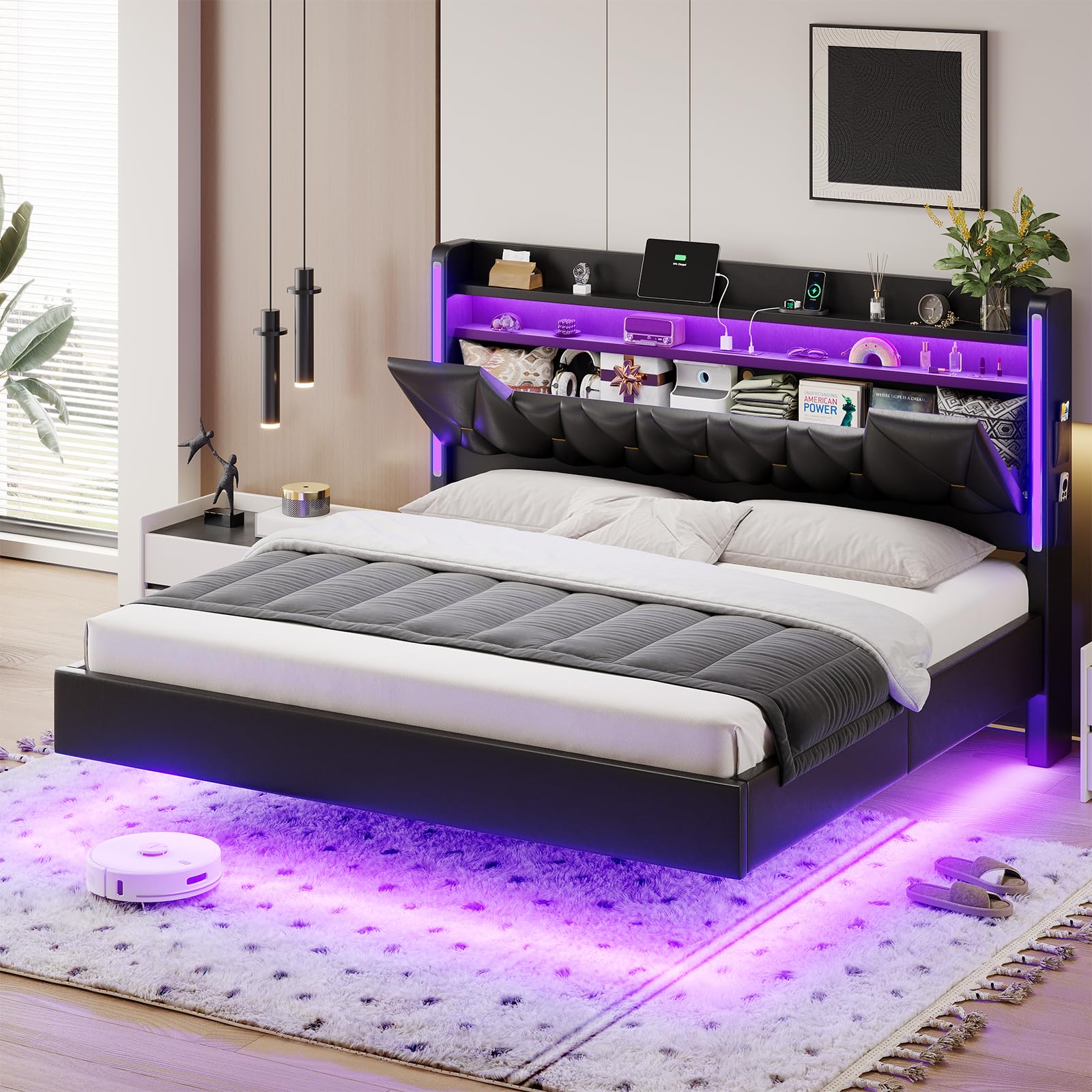 BYSAUD Floating Bed Frame with RGB Light，Hidden Storage Space in The headboard,Floating Bed with Charging Station Including 2 Standard sockets, PU Leather (King)