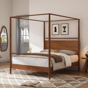 softsea king size canopy platform bed, solid wood canopy bed frame 4 posters canopy bed, no box spring needed, walnut