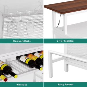 YITAHOME L Shaped Mini Home Bar Unit for Living Room with Music Sensing LED Light, Tall Bars Furniture Table with Wine Rack Alcohol Storage Glasses Hanger Footrest for Kitchen Pub, White