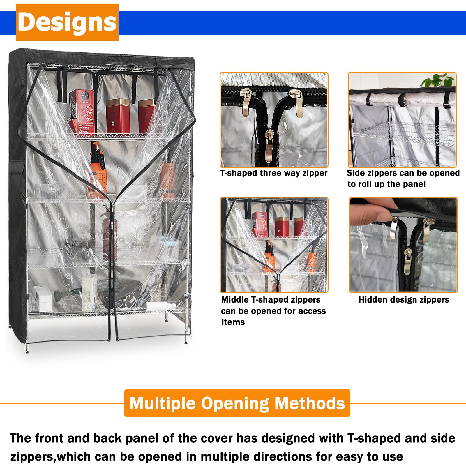 Dalema Waterproof Shelf Cover,600D Heavy Duty Dustproof Storage Wire Rack Covers,Outdoor Shelving Covers for Wire Shelves with Zipper 24''x14''x72'',Clear Front.