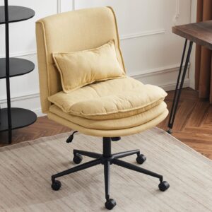 Bonnlo Criss Cross Chair with Wheels,18” Height Adjustable Full Back, Comfy Wide Armless Office Desk Chair,Swivel Cute Vanity Home Chair, Home Chair for Make up,Living Room, Fabric,Yellow