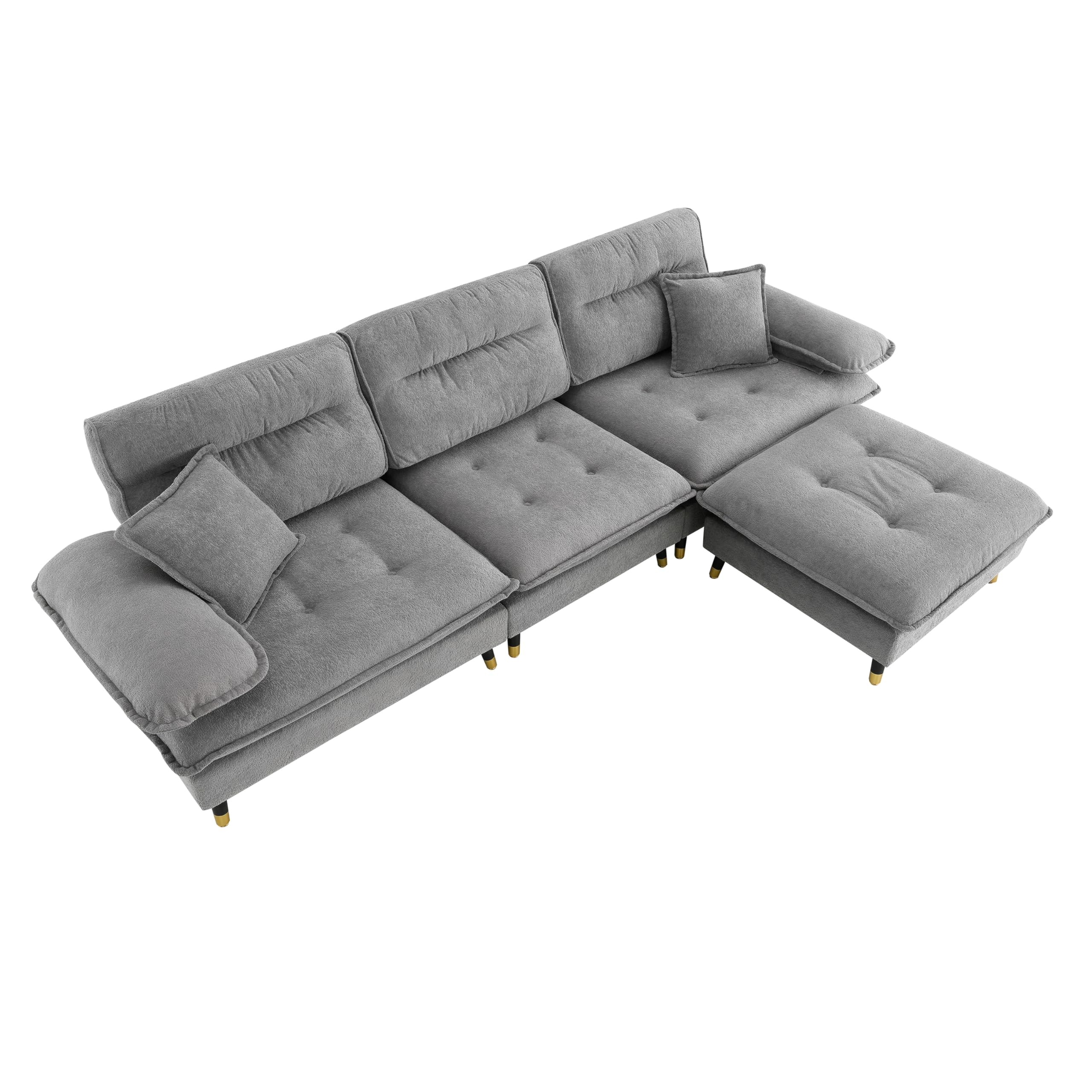 LUSPAZ L Shaped Convertible Sectional Sofa Set, Cloud Chenille Fabric 4 Seat Tufted Couch with Movable Ottoman and Two-Tone Adjust Legs,Grey