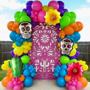 dia de muertos balloon arch kit,160pcs mixed colorful day of the dead balloon garland with cactus flowers sugar skull foil balloons for halloween 5 de mayo mexican fiesta party altar decorations