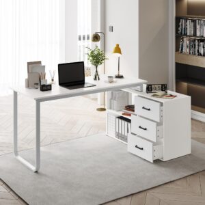 artpower 55" l shaped computer desk with storage cabinet, large home office corner desk with 3 drawers and shelf,computer table for pc executive writing study work,reversible gaming desk, white