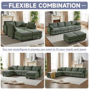 Antetek Modular Sectional Sofa Couches for Living Room, U Shaped Sleeper Sofa Bed with Storage Ottoman, Modern 6-seat Corduroy Convertible Couch with Chaise for Bedroom, Green