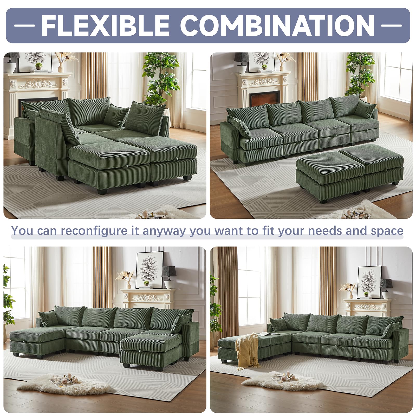 Antetek Modular Sectional Sofa Couches for Living Room, U Shaped Sleeper Sofa Bed with Storage Ottoman, Modern 6-seat Corduroy Convertible Couch with Chaise for Bedroom, Green