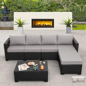 rattaner outdoor sectional 4 pieces patio furniture set wicker patio furniture long patio couch with ottoman and outdoor storage table weathering anti-slip cushions waterproof covers, light grey