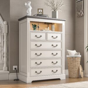 enhomee farmhouse 6 drawer dresser for bedroom led light & power outlets, 48" h solid wood dressers & chests of drawers with natural texture, tall dressers for bedroom, hallway (antique white)