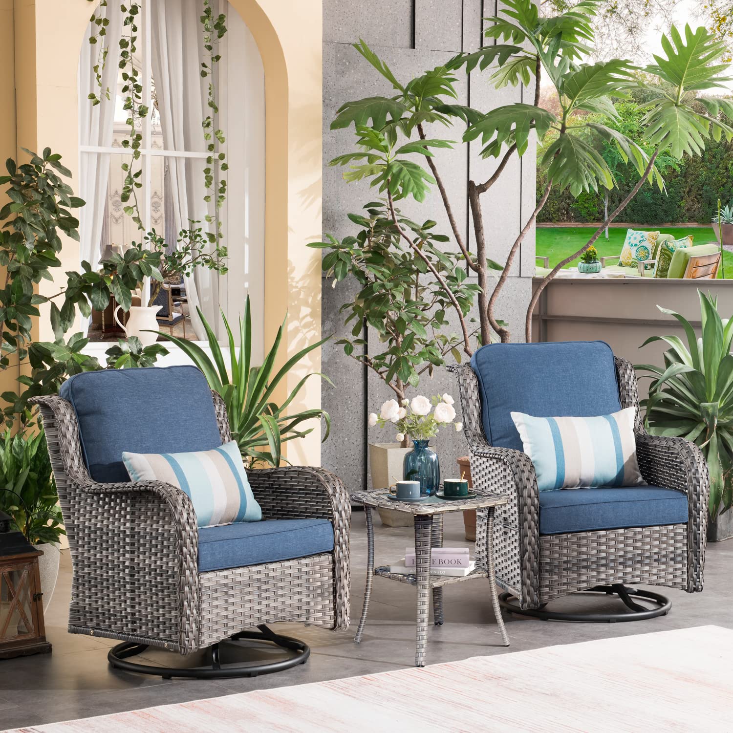 ovios 3 Pieces Patio Swivel Chairs with Side Table, Outdoor Wicker Rocking Chairs with Comfy Cushions, High Back Glider Rocker Chair Set for Porch Deck, Grey Rattan/Denim Blue