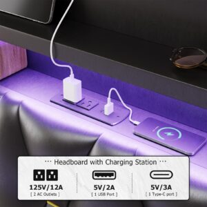 BYSAUD Floating Bed Frame with RGB Light，Hidden Storage Space in The headboard,Floating Bed with Charging Station Including 2 Standard sockets, PU Leather (King)