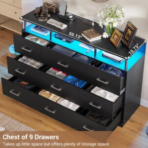 VIAGDO 9 Drawer Dresser with Charging Station, LED Chest of Drawers with Column Design and Open Storage Space, Large Capacity Modern Black Dresser, Wide Drawer Organizer Cabinet for Bedroom, Closet