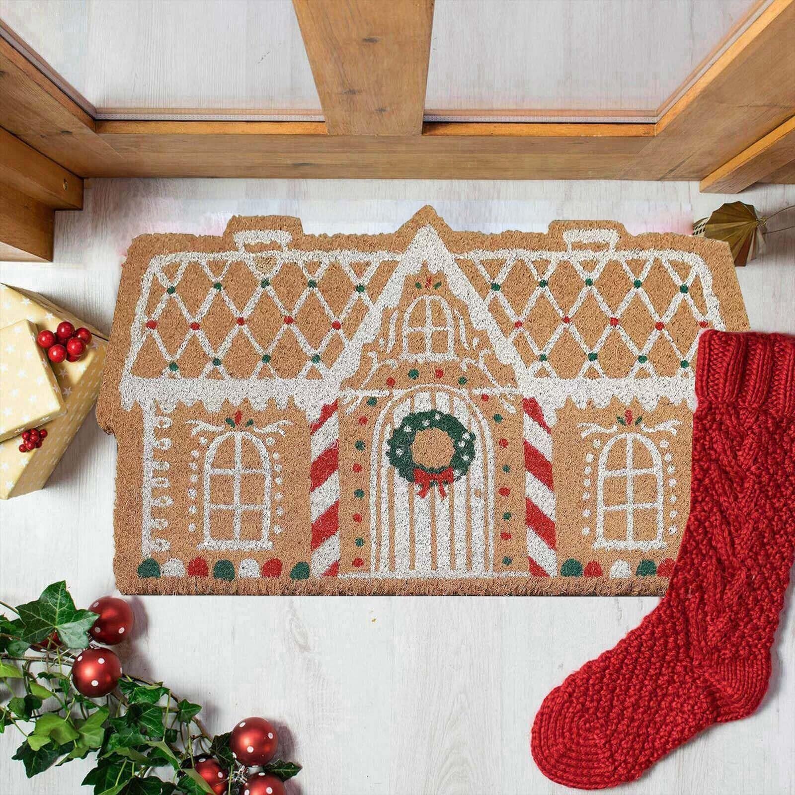 Christmas Decor,Christmas Gingerbread House Shaped Area Rug,Non-Slip Ultra Soft Microfiber Door Mat Plush Decorative Rug Christmas Welcome Mat for Living Room Bedroom Decor 24 x 12 inch (Khaki)