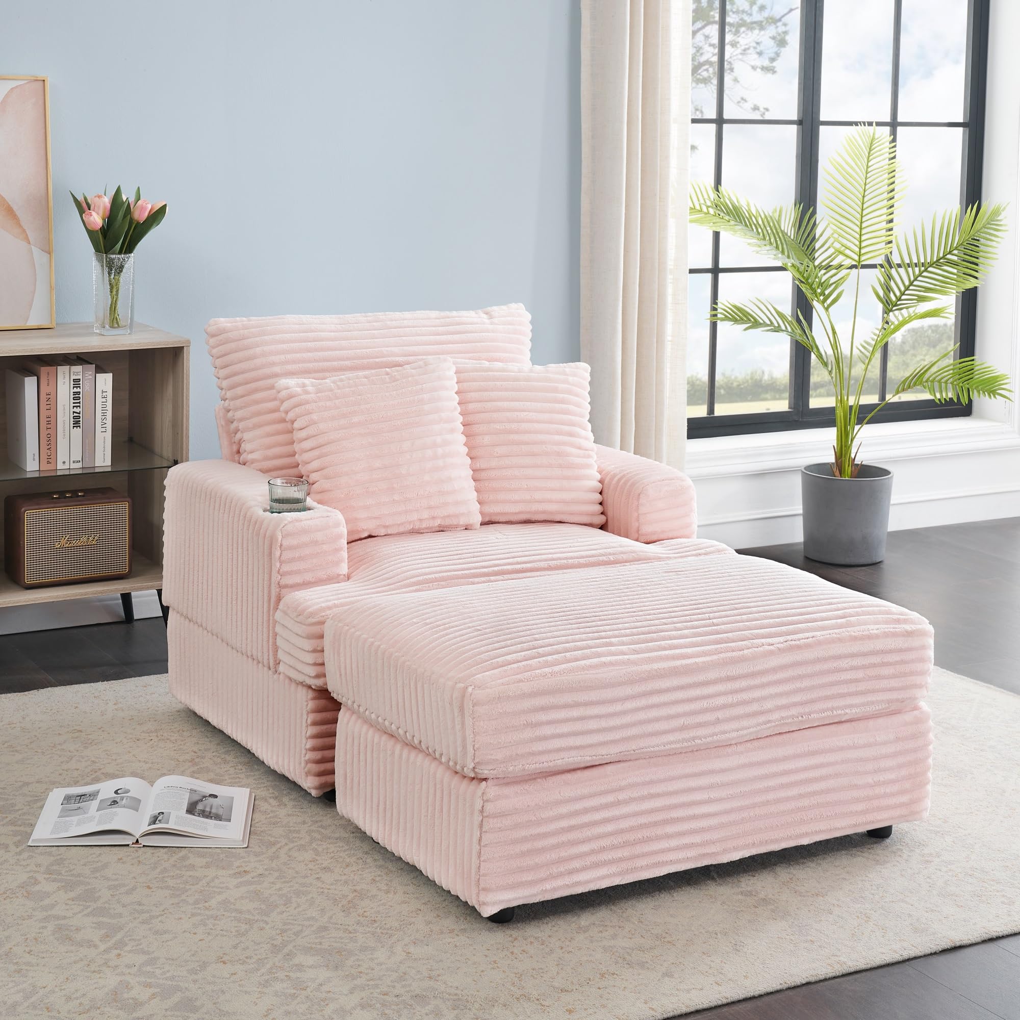 Siutco，39-inch Spring upholstered Armchair and Ottoman Set - Comfortable Single Sofa with Cup Holder and Corduroy Fabric, Perfect for Living Room or Bedroom(Pink)