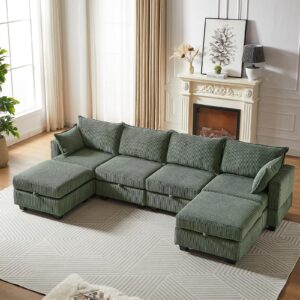 Antetek Modular Sectional Sofa Couches for Living Room, U Shaped Sleeper Sofa Bed with Storage Ottoman, Modern 6-seat Corduroy Convertible Couch with Chaise for Bedroom, Green