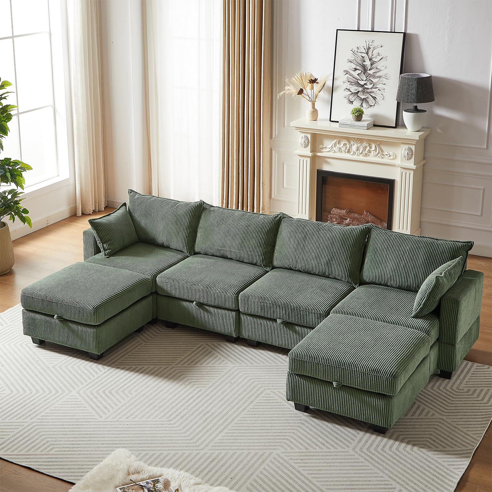 Antetek Modular Sectional Sofa Couches for Living Room, U Shaped Sleeper Sofa Bed with Storage Ottoman, Modern 6-seat Corduroy Convertible Couch with Chaise for Bedroom, Green