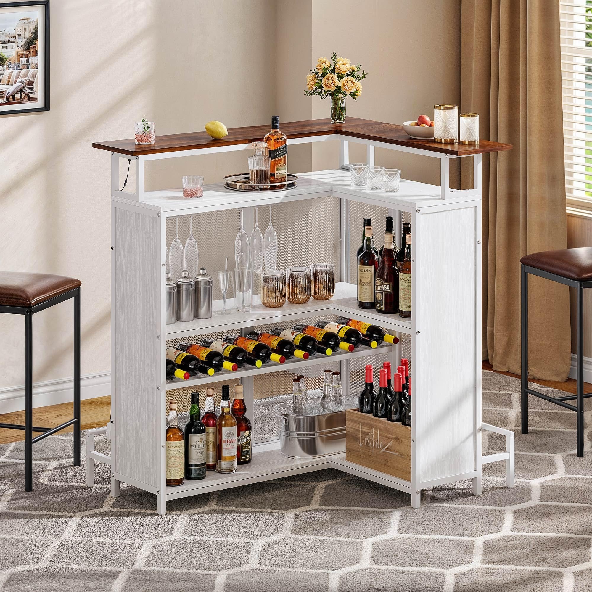 YITAHOME L Shaped Mini Home Bar Unit for Living Room with Music Sensing LED Light, Tall Bars Furniture Table with Wine Rack Alcohol Storage Glasses Hanger Footrest for Kitchen Pub, White