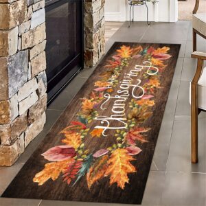 brown thanksgiving indoor rug, 2x6ft, happy fall autumn leaves wreath hallway carpet, low pile shed resistant kitchen mat, breathable washable non-slip throw rugs for entryway porch