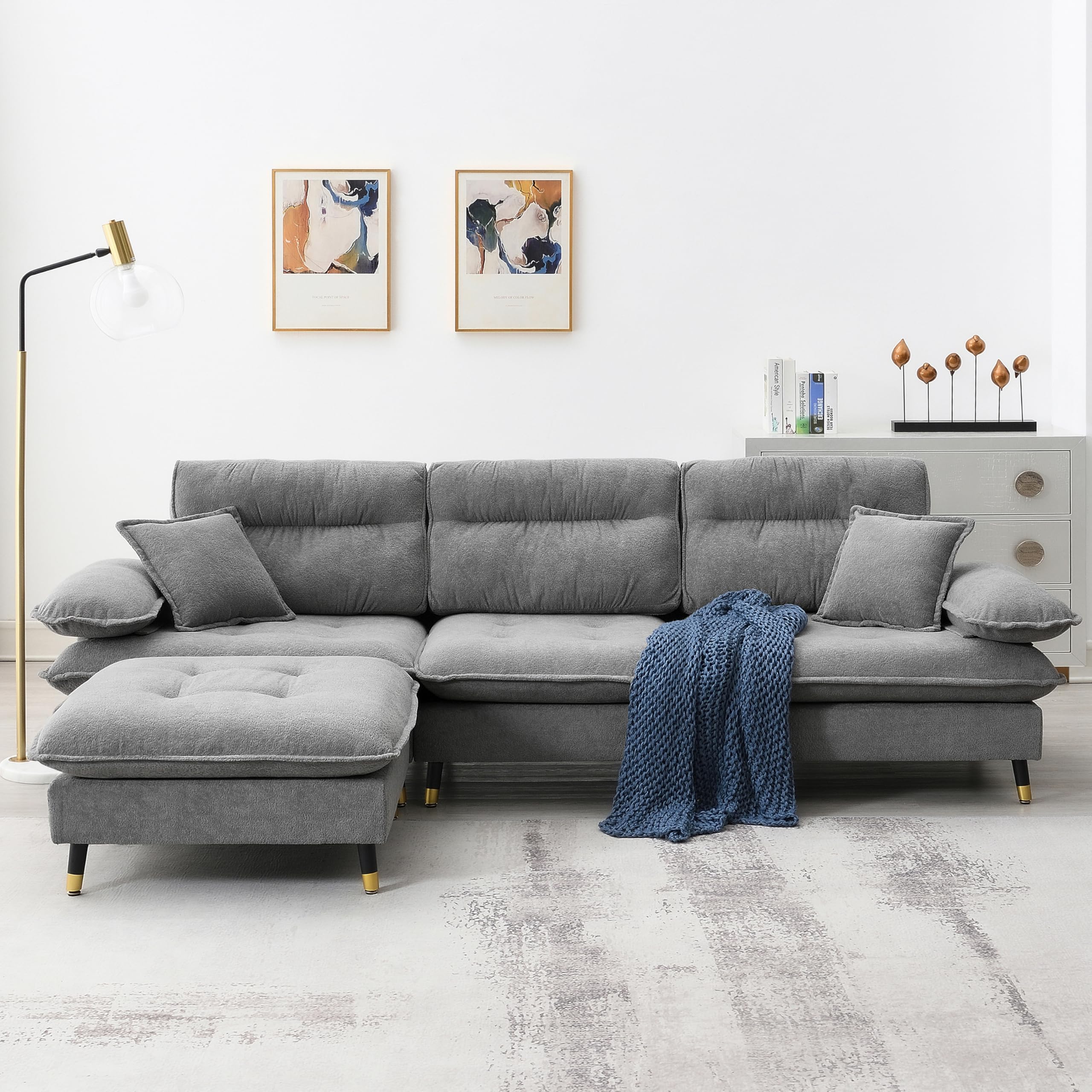 LUSPAZ L Shaped Convertible Sectional Sofa Set, Cloud Chenille Fabric 4 Seat Tufted Couch with Movable Ottoman and Two-Tone Adjust Legs,Grey