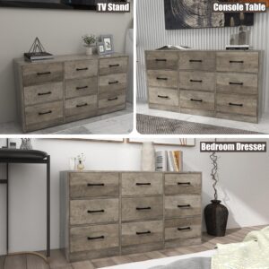 LINLUX Dresser for Bedroom, 9 Drawer Large Wide Dressers, Farmhouse Wooden Chest of Drawers for Entryway, Living Room, Hallway, Grey