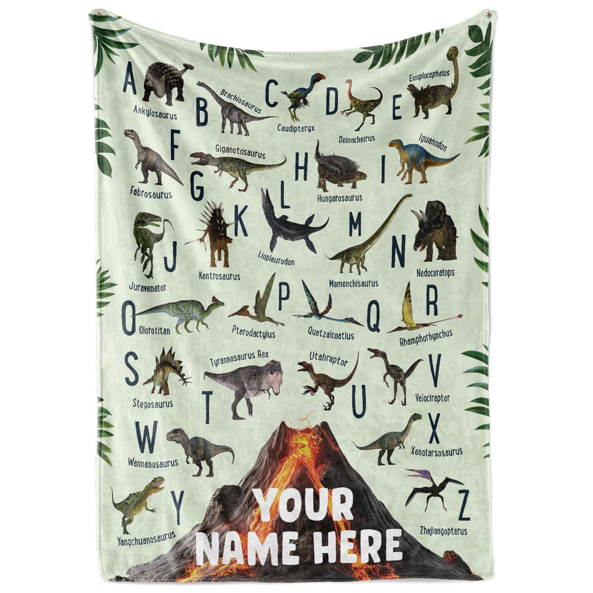 Custom Dinosaur Blanket for Boys & Girls - Personalized Blanket for Kids - Soft Throw Blanket - Alphabet Dino Gifts for Birthdays - Volcano & 26 Prehistoric Jurassic Dinosaurs - 50x60 Fleece