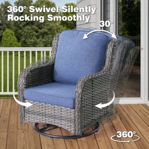 ovios 3 Pieces Patio Swivel Chairs with Side Table, Outdoor Wicker Rocking Chairs with Comfy Cushions, High Back Glider Rocker Chair Set for Porch Deck, Grey Rattan/Denim Blue